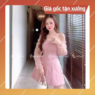 Đầm xòe cúp ngực tay phối lưới đính nút kiêu sa