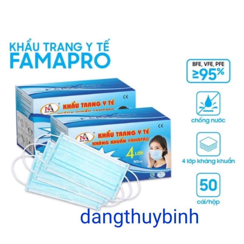 Khẩu trang y tế Famapro 4 lớp màu xanh hộp 50 cái