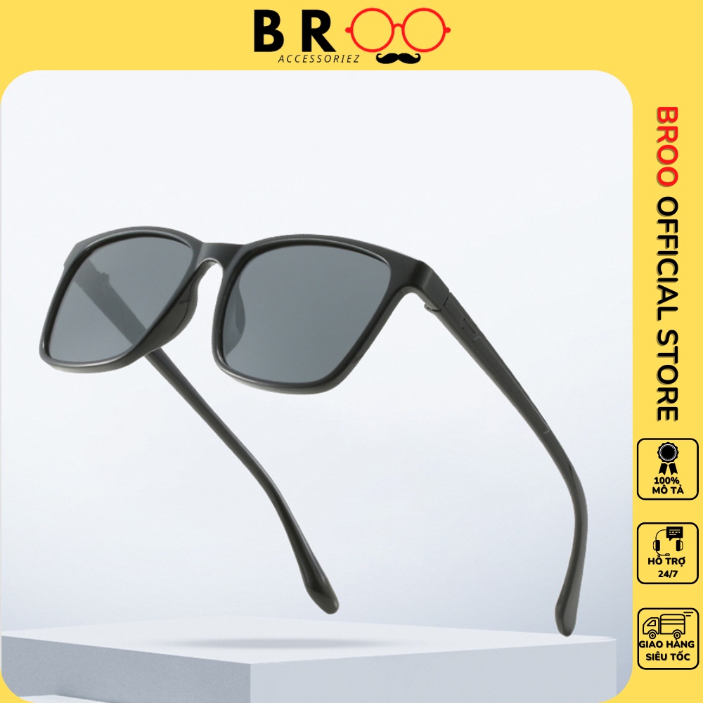 Kính râm nam nữ gọng tăm thời trang BROO, gọng kính mát unisex màu đen chống tia UV