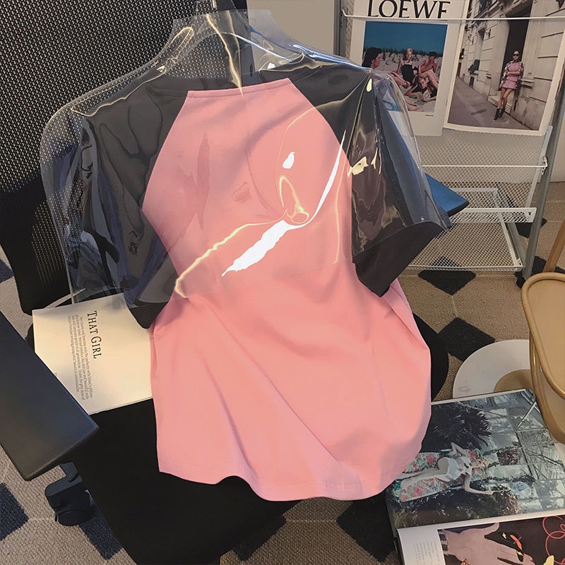 Áo Thun In Chữ Cổ Tròn Màu Sắc Tương Phản Thời Trang Mùa Hè Cho Nữ