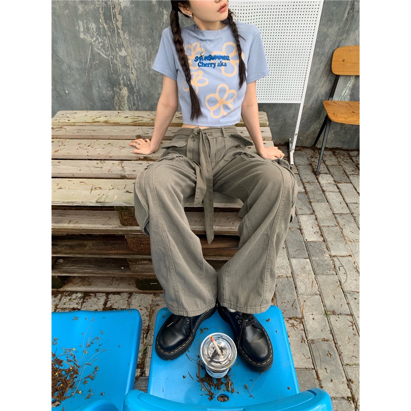 QKOOLE  Áo crop top Nữ Tay Ngắn In Hình Thời Trang Hàn Quốc