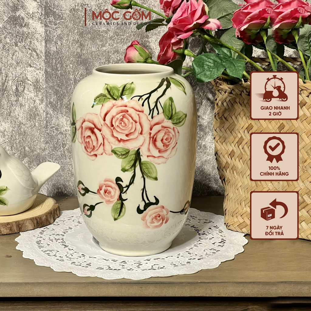 Bình gốm Bát Tràng cao cấp cắm hoa vẽ tay thủ công họa tiết hoa hồng đẹp tinh tế trên nền men khử trang trí Mộc Gốm MG72