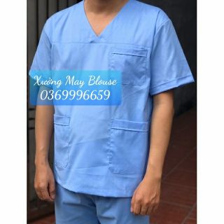 Áo blouse cổ tim xanh dương Nam Nữ (chưa bao gồm quần, mũ) đồng phục bệnh viện, thẩm mỹ viện, spa