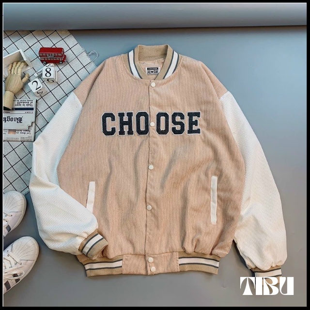 Áo Khoác Bomber Nhung Tăm Gân 2 Lớp Thêu Chữ CHOOSE ❤ Áo BomBer Bóng Chày Nam Nữ Phong Cách Hàn Quốc