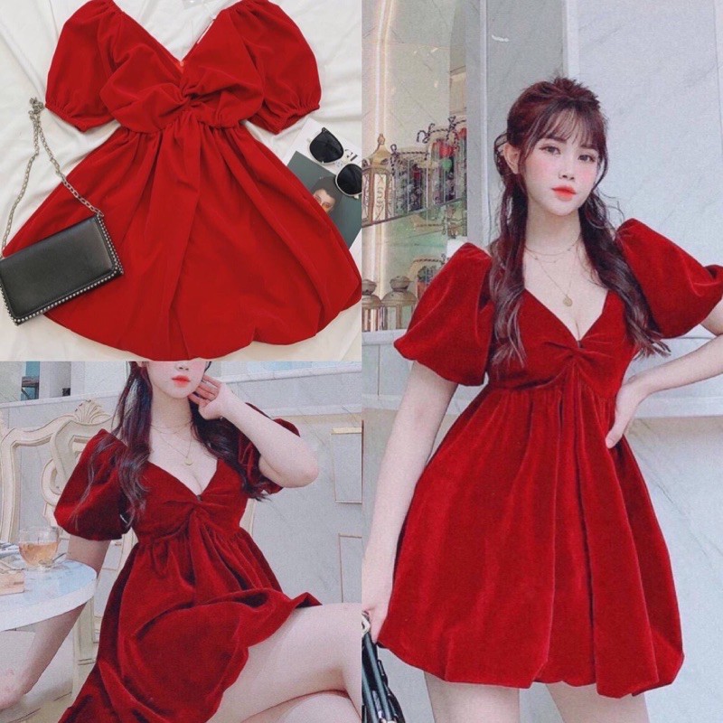 [Hàng Cao Cấp] Đầm xoè nhung đỏ xoắn ngực cực xinh mặc tết nổi bần bật