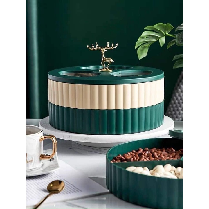 Khay đựng mứt tết bánh kẹo hươu vàng 2 tầng 6 ngăn hình tròn