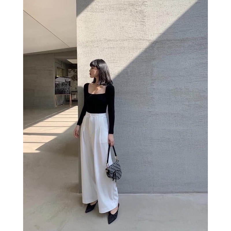 Áo thun croptop cổ vuông tay dài