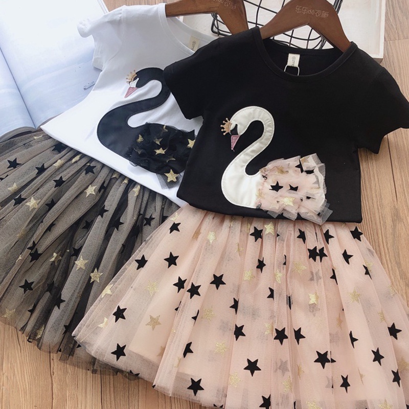 Set Áo Thun Ngắn Tay Hình Thiên Nga Hoạt Hình Và Chân Váy Cotton Phong Cách Phương Tây Cho Bé Gái