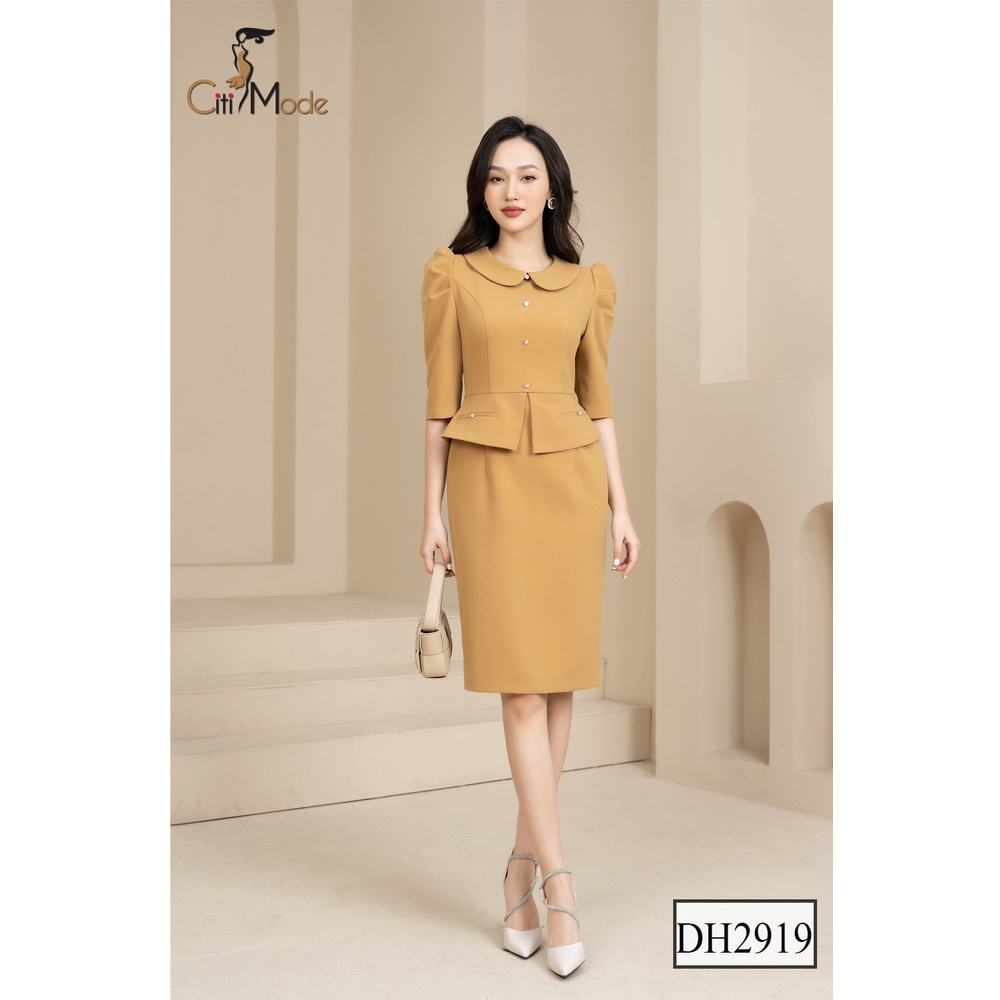 Đầm ôm peplum công sở 3 màu CITI MODE cổ sen đính cúc chất co giãn DH2919/DH3043