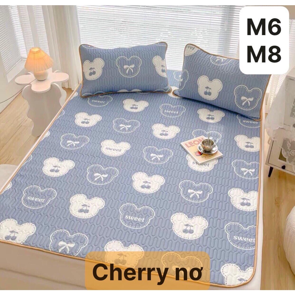 Chiếu điều hòa cao su non 5D Tencel,kích thước m6/m8, mẫu cherry nơ