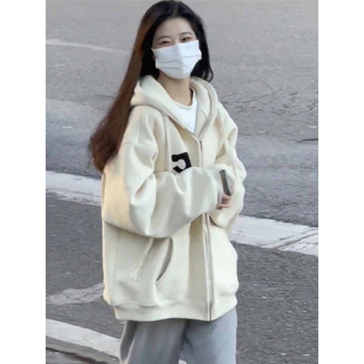 Áo khoác hoodie zip nữ form rộng màu be, màu nâu 2022