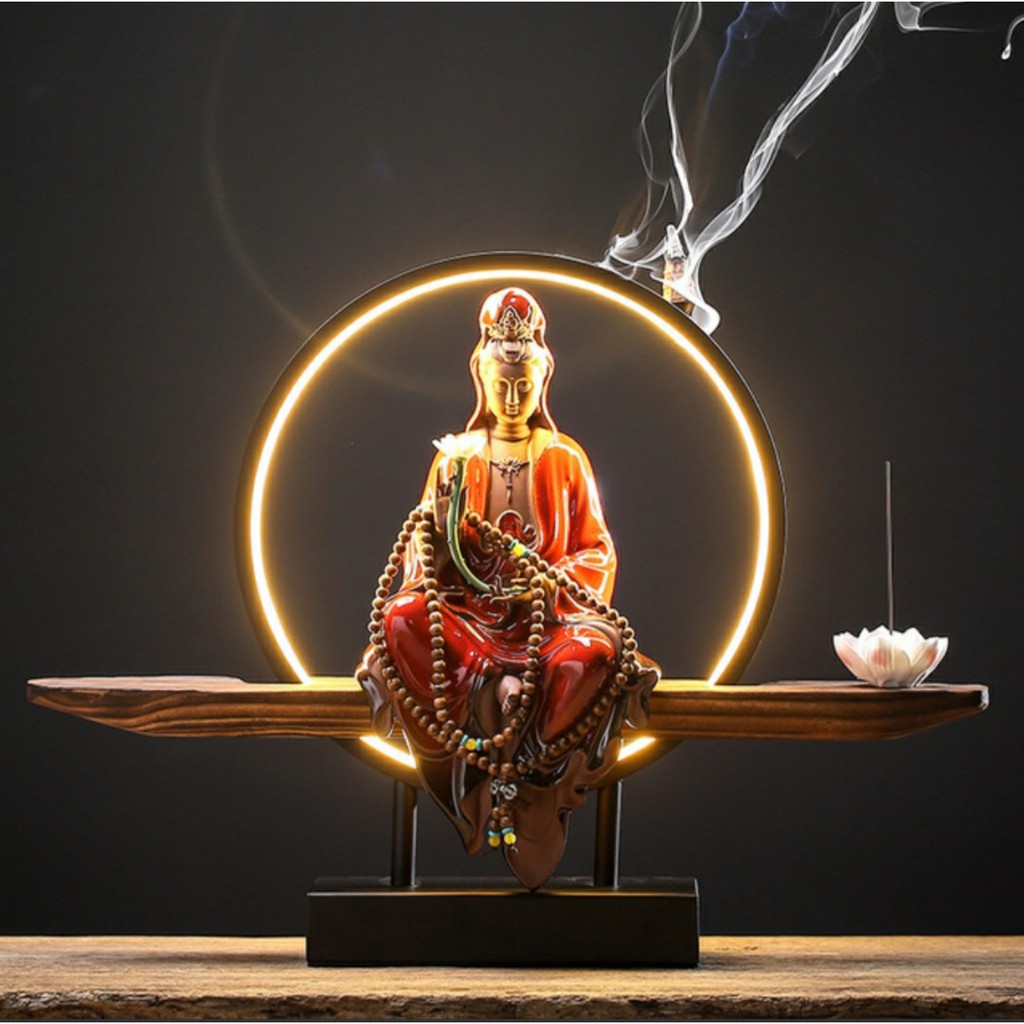 Tượng Quan âm tự tại nâng bông sen- Tượng Phật gốm tử sa quan âm bồ tát