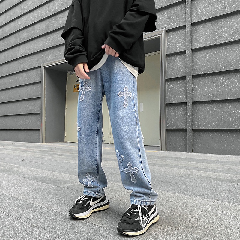 Quần Jeans Ống Rộng Thêu Chữ Thập ,Quần Bò Nam Ống Suông Cam Kết Y Hình X04#