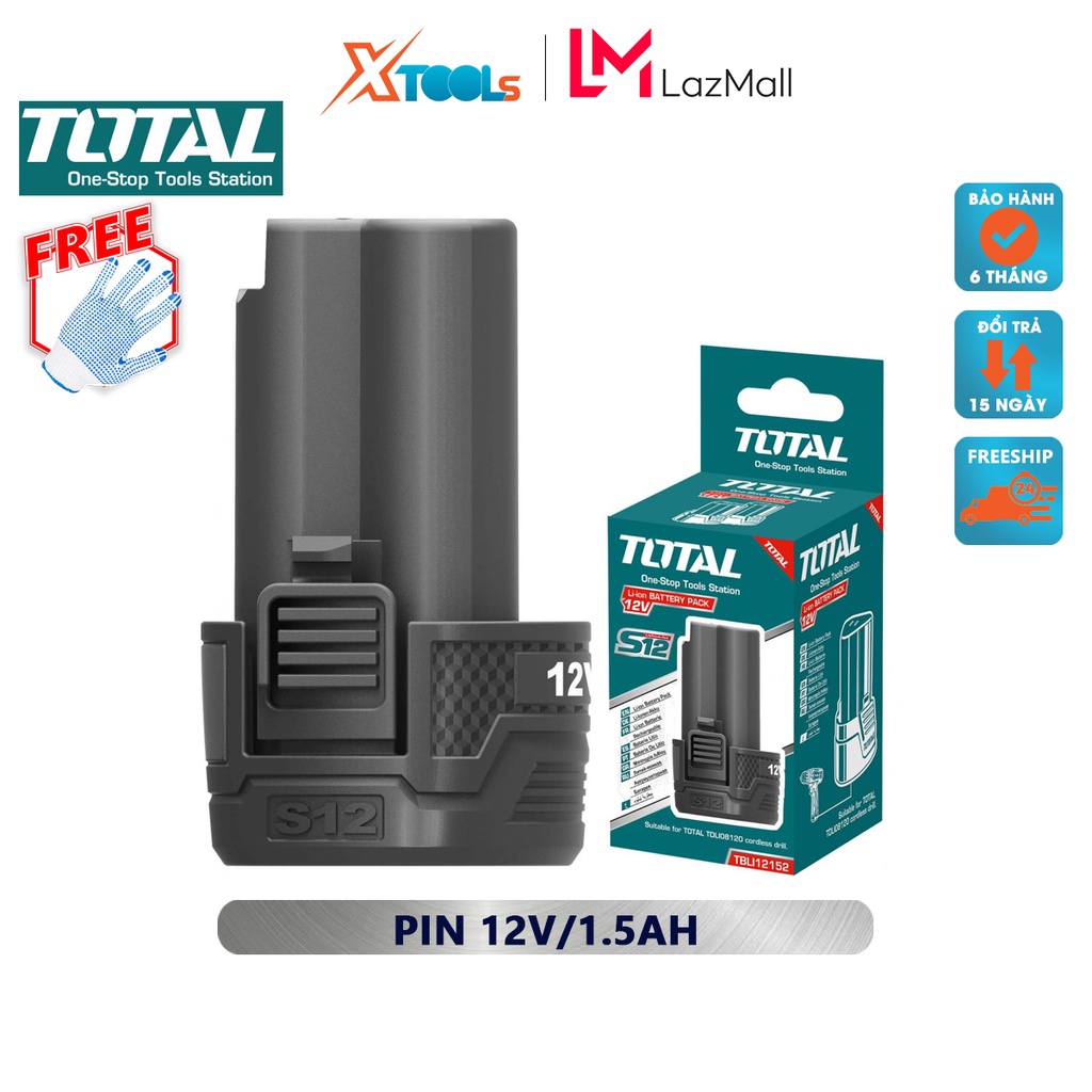 Pin Lithium-Ion S12 TOTAL TBLI12152 | Pin sạc Lithium S12 Pin 12V/1.5Ah Phù hợp cho tất cả dòng sản phẩm dùng pin S12 dù