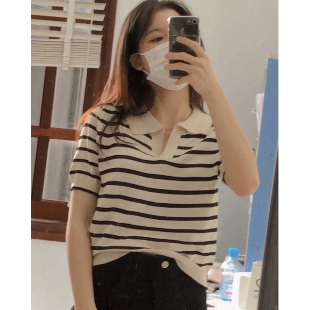 Áo Dệt Kim Polo Ngắn Tay Kẻ Ngang Hàn Quốc