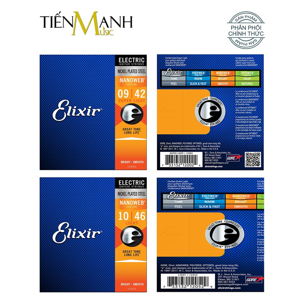 Elixir 12002, 12052 - Cỡ 9, 10 Bộ Dây Đàn Guitar Điện Phủ Lớp Nanoweb - Electric Strings - Chính hãng