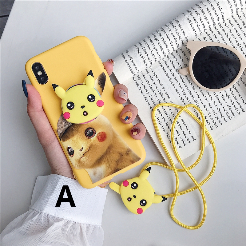 Ốp điện thoại mềm in hình Pikachu kèm giá đỡ và dây đeo cho Vivo Y91 V5S V7 Plus Y81 Y55S Y95 V9 Y71