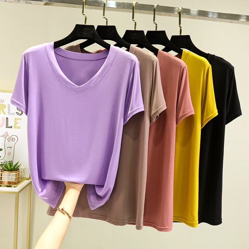 Áo Thun Tay Ngắn Cổ Chữ V Dáng Rộng Chất Liệu cotton Phong Cách Hàn Quốc Thời Trang Cho Nữ 2022