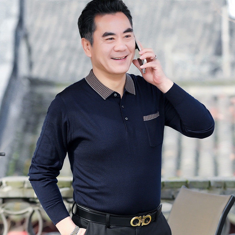 Thương hiệu bố phù hợp với áo thun cotton cho người trung niên và cao tuổi vào mùa xuân thu cộng kích thước dài tay của