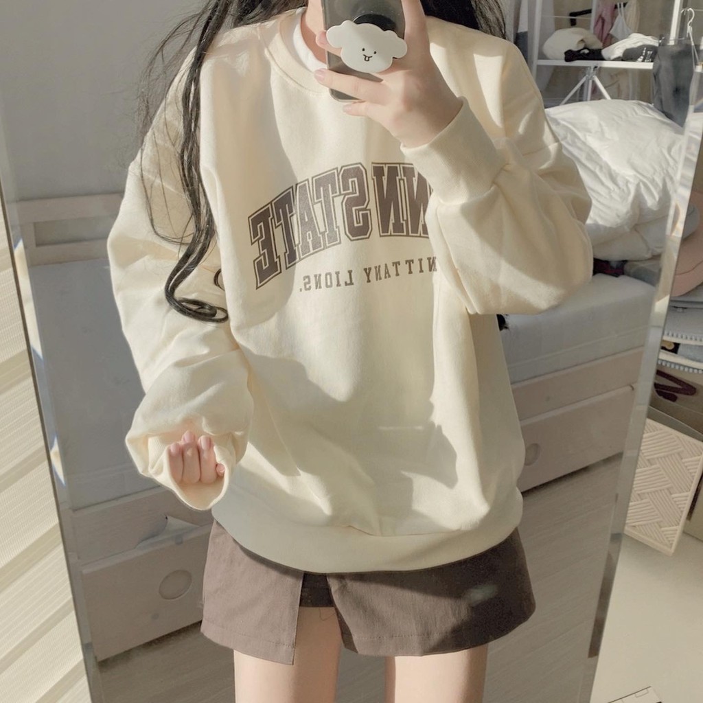 áo sweater nữ nhập khẩu chính hãng tại Hàn Quốc dáng Unisex tay dài form rộng in chữ penn siêu đẹp