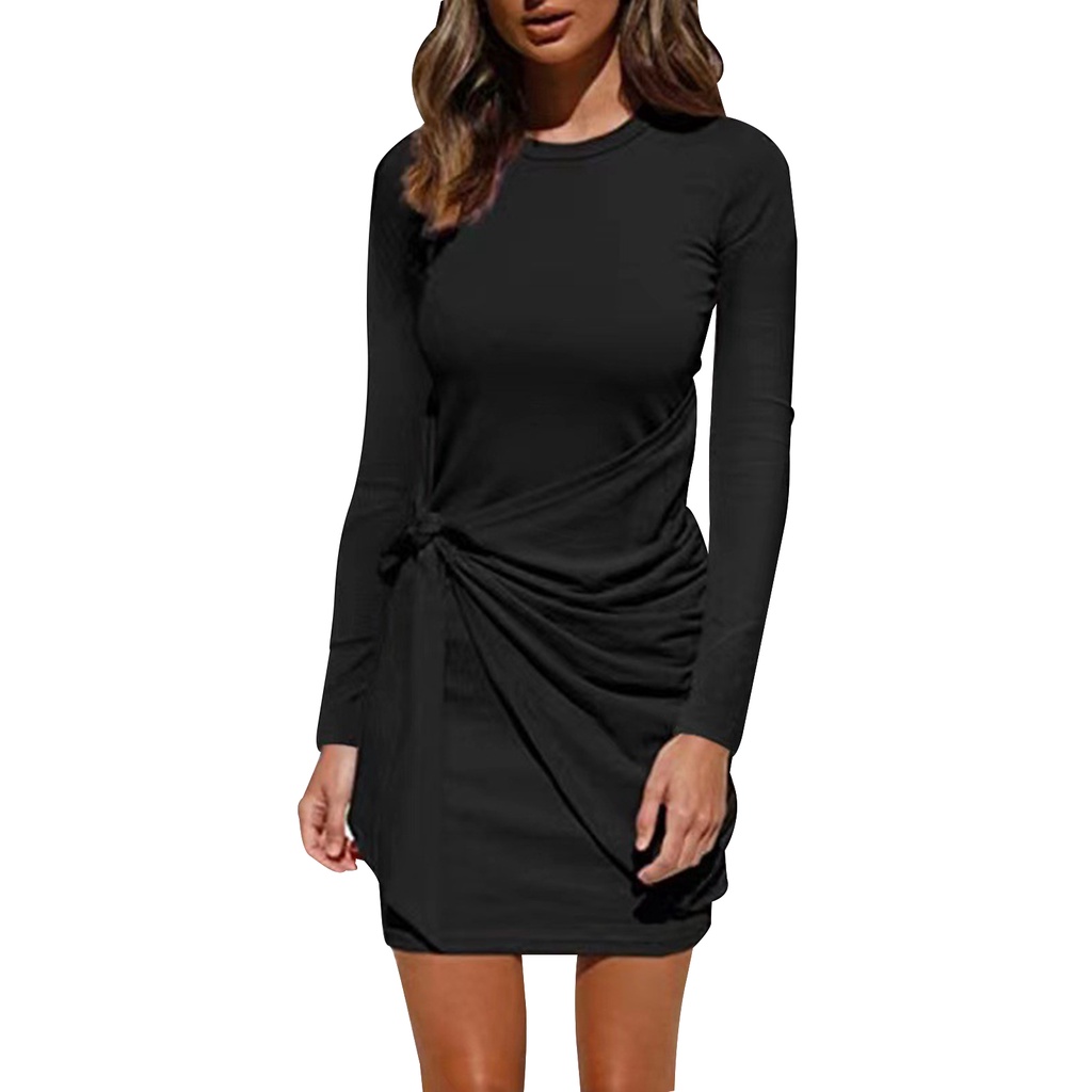 Váy body tay dài cổ thuyền thắt nơ eo