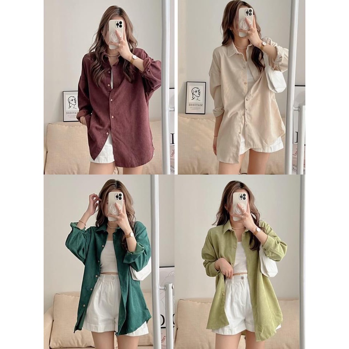 [ẢNH THẬT] Áo Sơ mi nhung Tăm vintage 4 Màu Dáng Oversize Form Rộng Hàn Quốc
