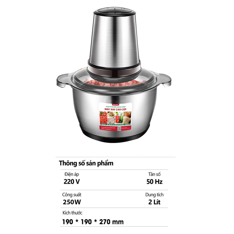 Máy Xay Thịt, Máy Xay Đa Năng Công Suất 250W Cối Inox 304 Dung Tích 2L 4 Lưỡi Dao Không Gỉ