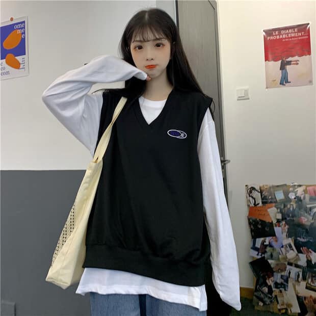 Set áo thun tay dài trắng + gile thun đe