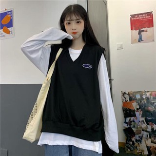 Set áo thun tay dài trắng + gile thun đe