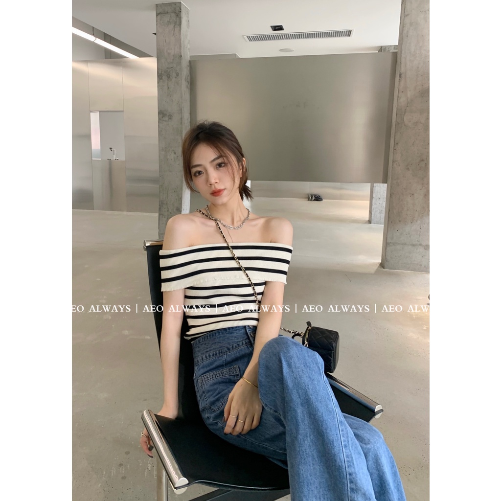 Áo croptop XIAOZHAINV vải dệt kim tay ngắn trễ vai hoạ tiết kẻ sọc thời trang mùa hè quyến rũ
