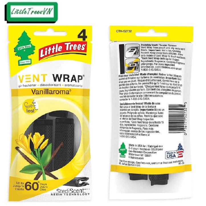 Kẹp thơm cài khe gió máy lạnh ô tô Little trees - Vent Wrap (gồm 4 kẹp trong 1 túi)