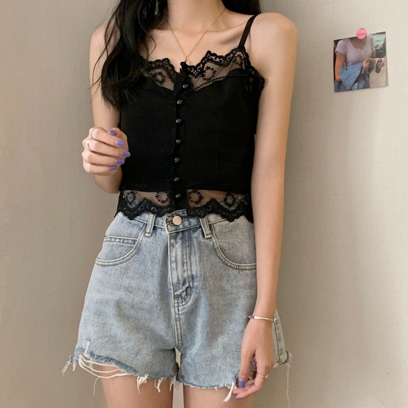 Áo Croptop Hai Dây Mỏng Màu Trơn Cài Nút Trước Phối Ren Gợi Cảm Thời Trang Mùa Hè Cho Nữ
