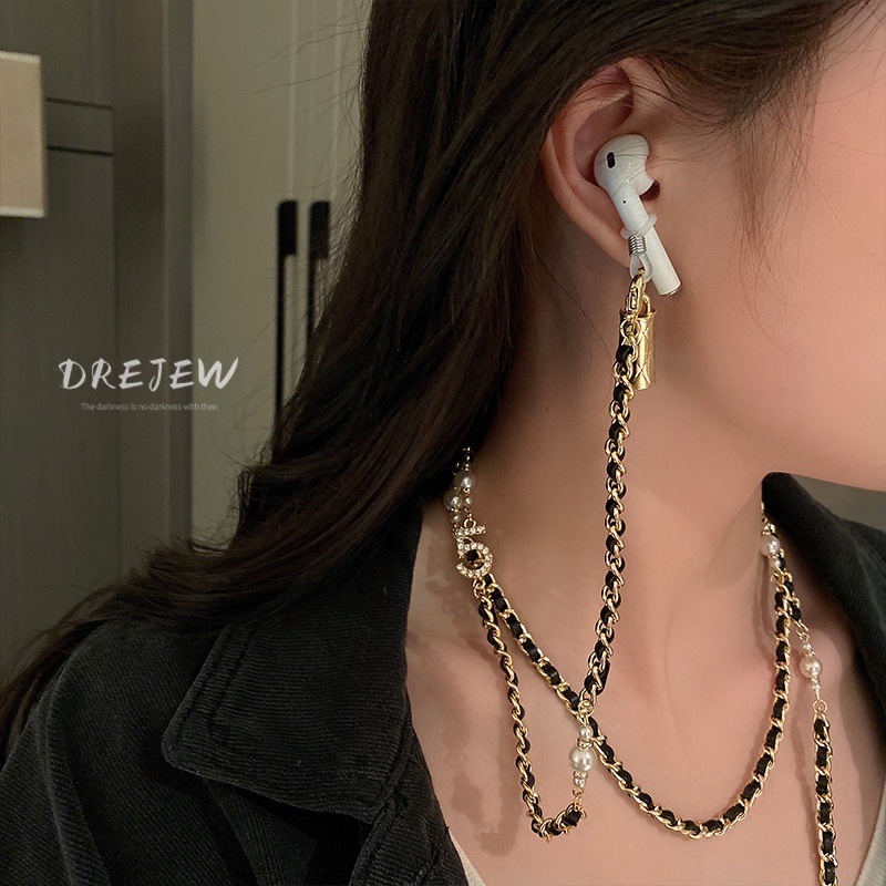 DREJEW Dây chuyền dây da đính đá ngọc trai phong cách Hàn Quốc thời trang dễ phối đồ