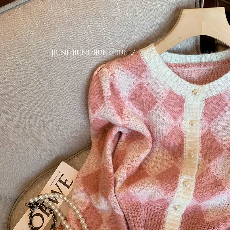 Áo Khoác Cardigan Dệt Kim Họa Tiết Hình Thoi Màu Hồng Ngọt Ngào Cho Nữ  tao bao