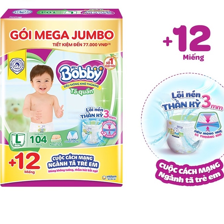 TÃ QUẦN BOBBY MEGA JUMBO M120/M120+12/L104/L104+12/XL92/XL96/XXL88/XXL84 GÓI LỚN SIÊU TIẾT KIỆM...