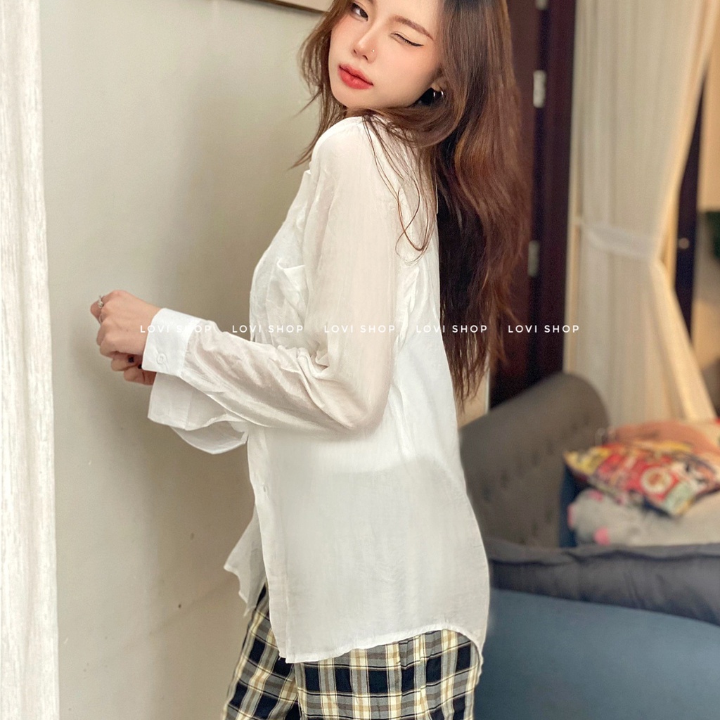 Áo sơ mi trơn tay dài một túi nhiều màu phong cách Hàn Quốc LOVI