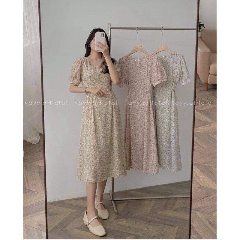 Váy hoa nhí cổ vuông trơn cộc tay 3 màu mới về (hình thật/sẵn)