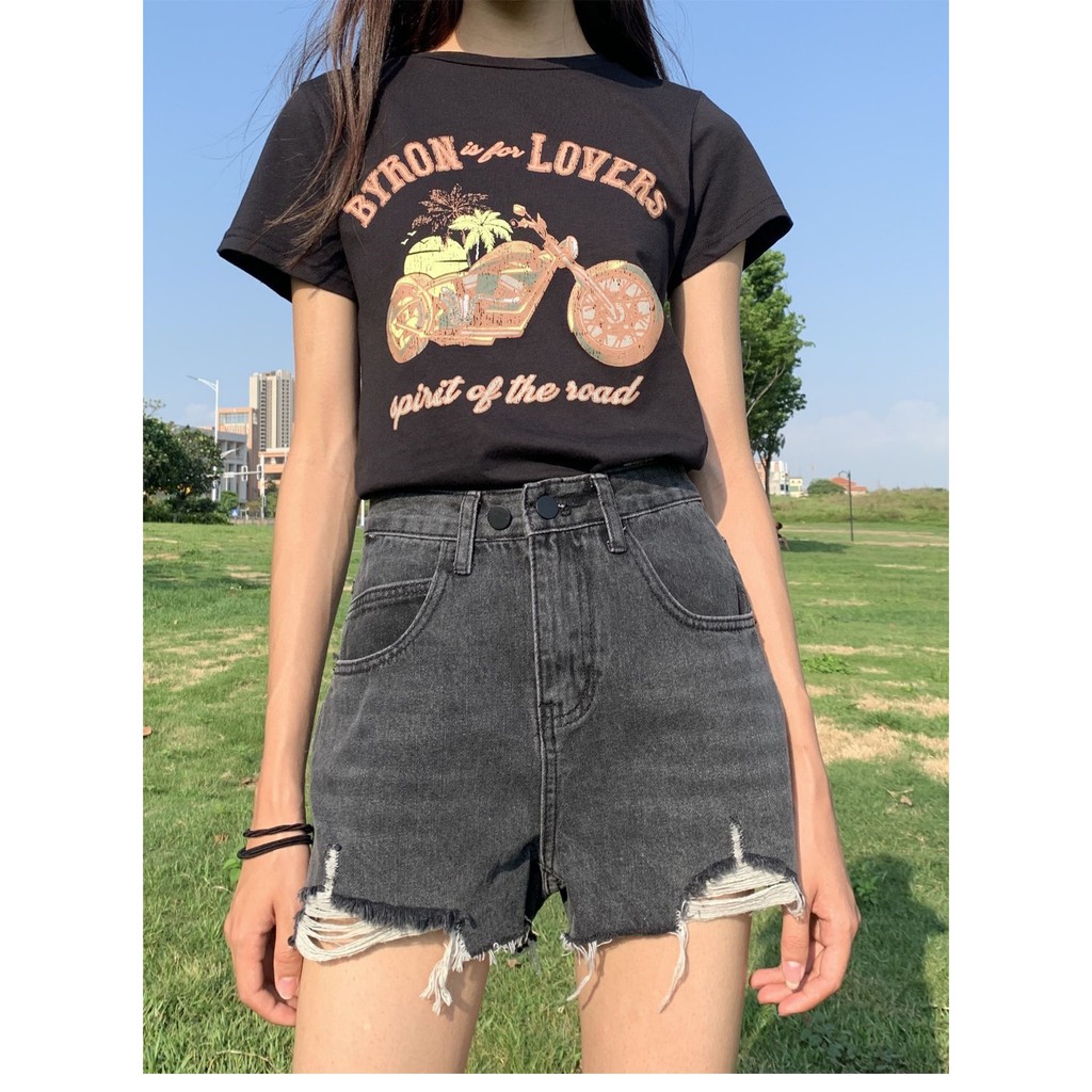 Quần short jean nữ Big Size lưng cao trên rốn, co dãn mạnh, rách nhẹ, phom rộng rãi dành cho người béo 60kg~90kg 3505