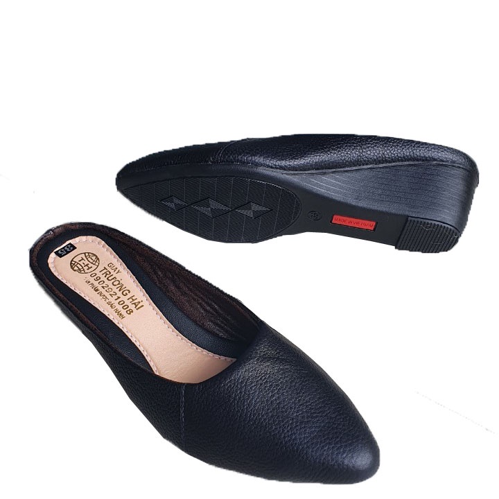 Giày Sục nữ đế xuồng 5cm da bò thật màu đen mũi nhọn Trường Hải S125