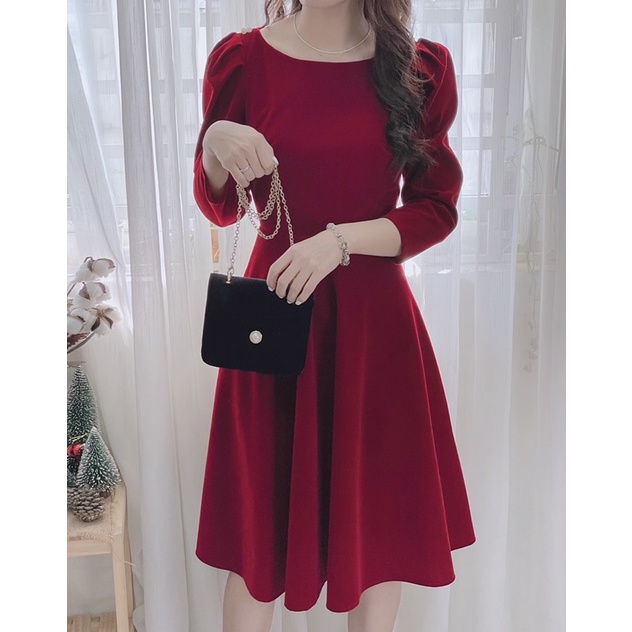 Đầm nhung tay dài dáng xoè 2 màu Đỏ/Nâu