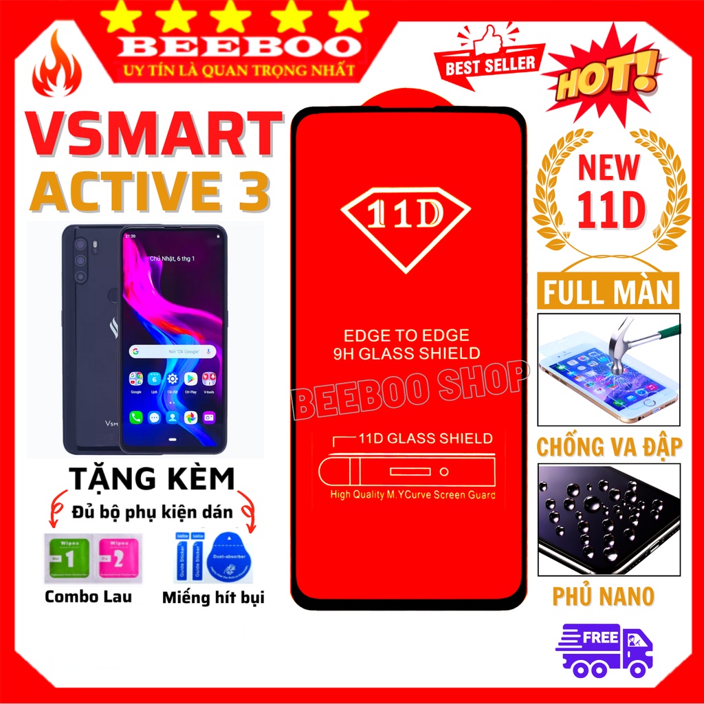 Kính Cường Lực Vsmart Active 3 - Siêu chuẩn mới - Full màn hình 11D và trong suốt - Độ cứng 9H [Free Ship 50K]