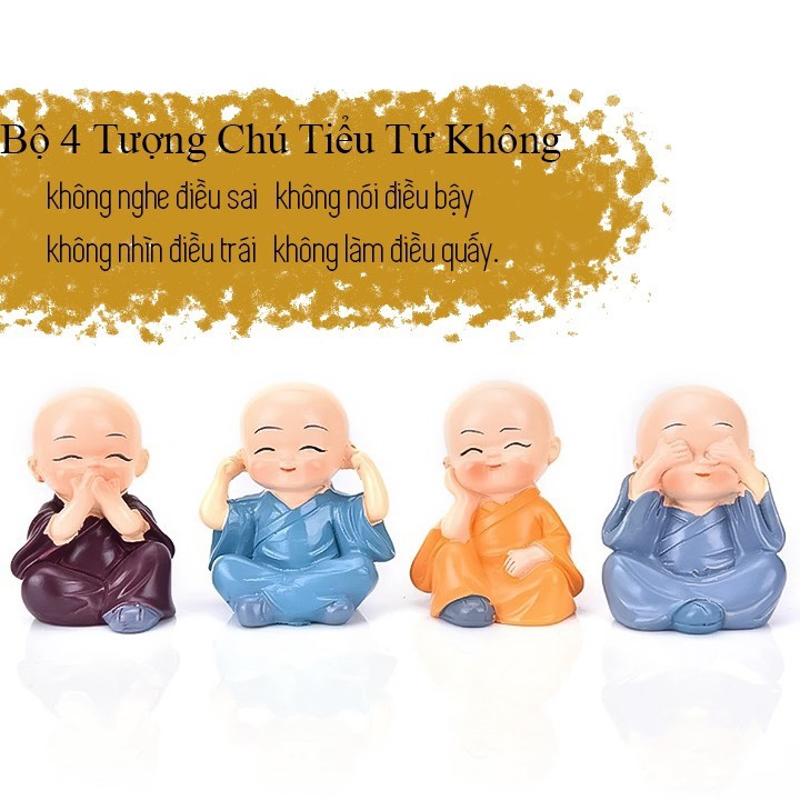 Bộ Tượng Chú Tiểu &quot;Tứ Không&quot; Cầu An, Không Nghe, Không Thấy, Không Nói, Không Làm Điều Xấu - Đồ Trang Trí Phong Thủy