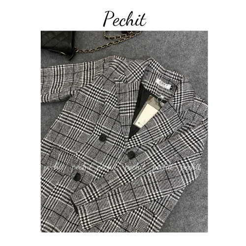 Áo blazer dạ dáng dài nữ kẻ caro hàn quốc PECHIT AD02