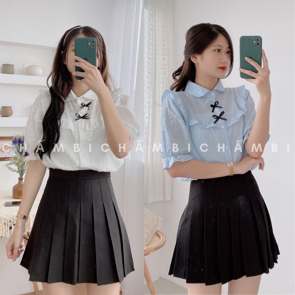 [SALE] Áo Sơ Mi Ngắn Tay Cổ Yếm Bèo Hai Nơ Nhỏ Cực Xinhhh Freesize&lt;53Kg - A.174