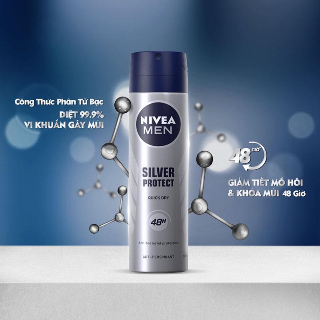Xịt Ngăn Mùi Nivea Men Phân Tử Bạc Quick Dry 48h Silver Protect 150ml - Bạc - 82959