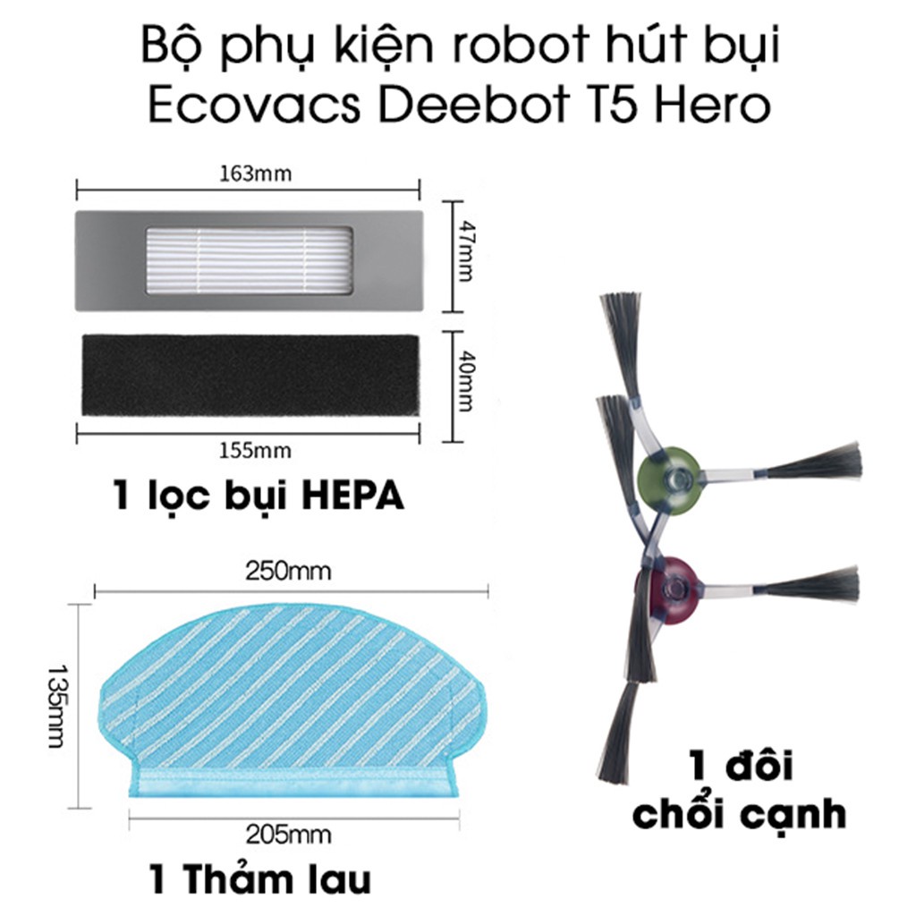 Combo Phụ Kiện Robot Hút Bụi Ecovacs T5 Hero/ Max/ Fun/ Power