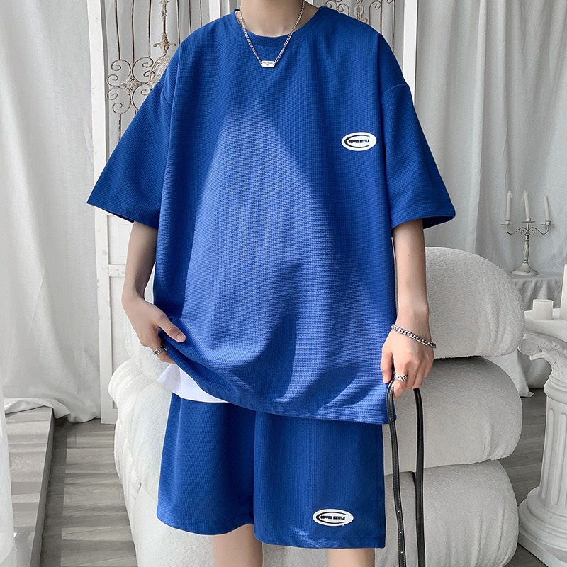 Bộ thun cộc tay unisex form rộng nam nữ thêu logo basic chất liệu cotton tổ ong mềm mát