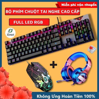 Combo Bàn Phím Cơ Và Chuột Tai Nghe Máy Tính Gaming Cao Cấp 2022 Full Led Rgb, Phím Chuẩn Cơ Red Switch K1+V8+Q9