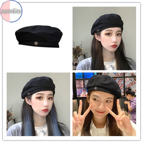 Mũ nồi màu đen họa tiết chữ M thời trang retro mùa đông cho cặp đôi