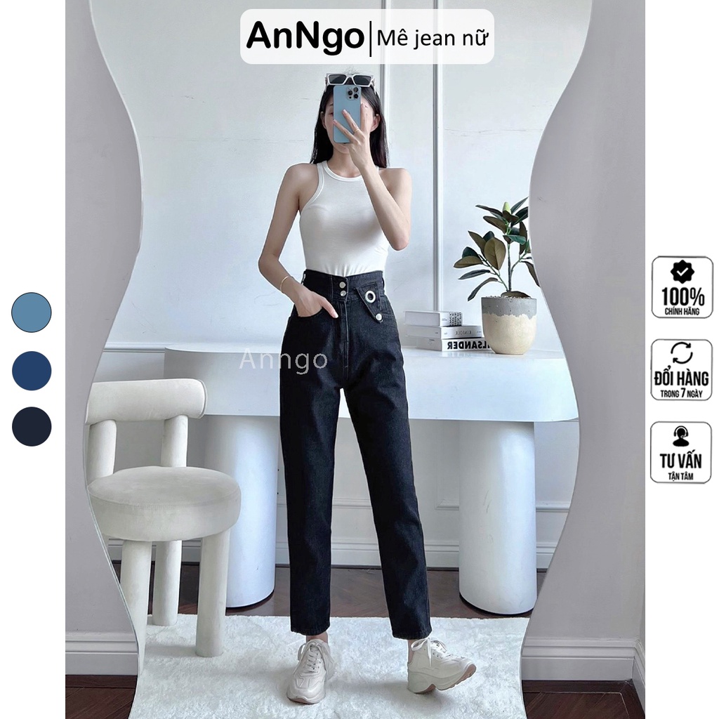 Quần jean nữ ống bo phối khuyên cách điệu lưng độc đáo, jean Denim không co giãn AnNgo - AT214